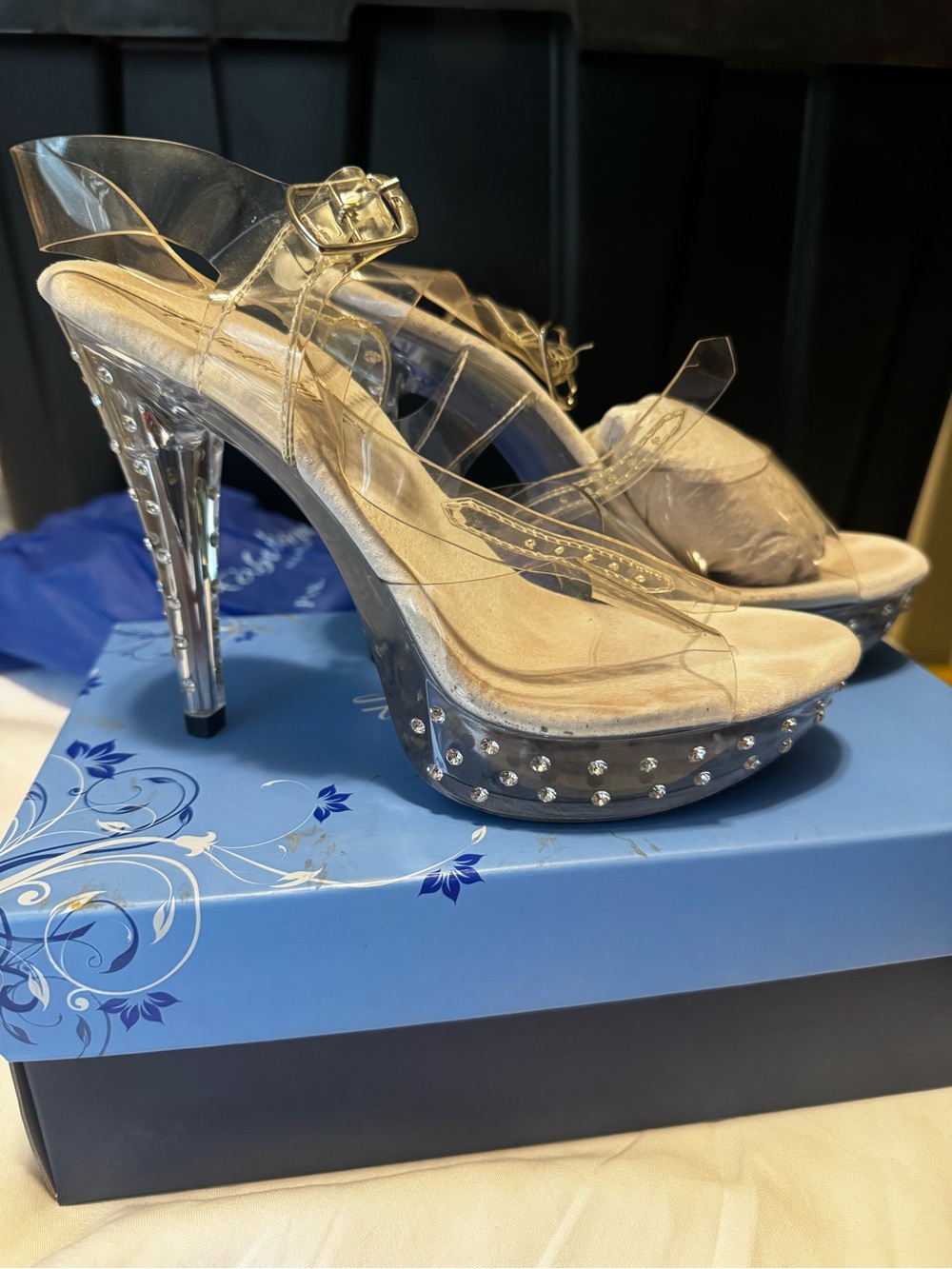 Fabulicious Clear Rhinestone Platform Competition Heels | Size 8M